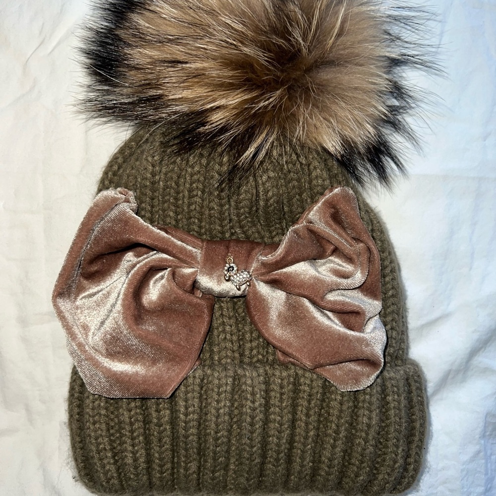 Kids Knit Pom Beanie with Velvet Bow - Olive Green